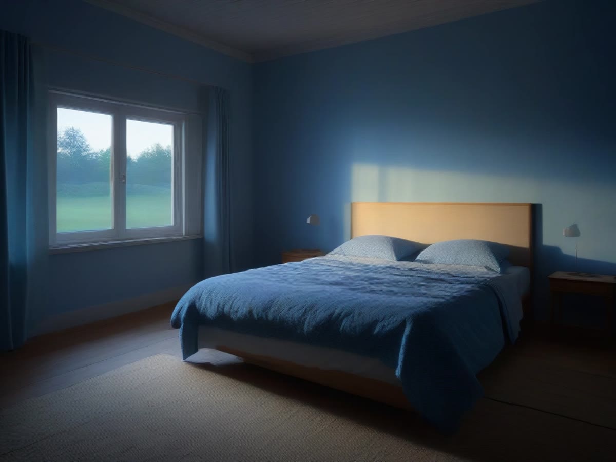 A bed by a window at dusk