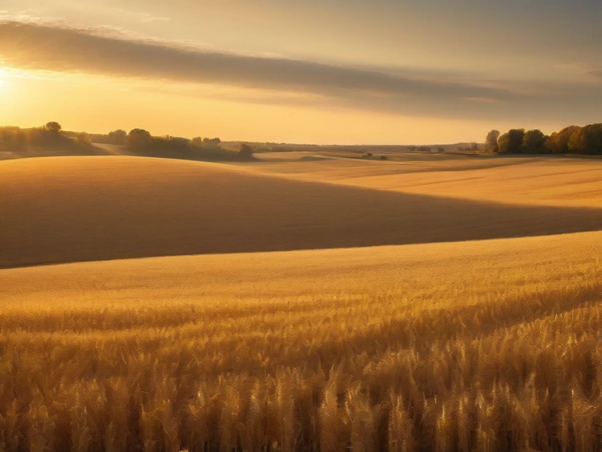 Golden late-day light over a grain field