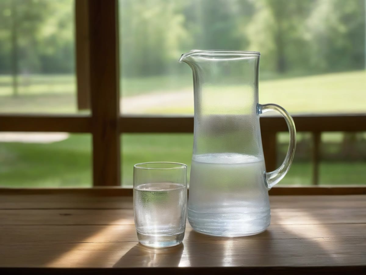 A pitcher and glass of water on a wooden table