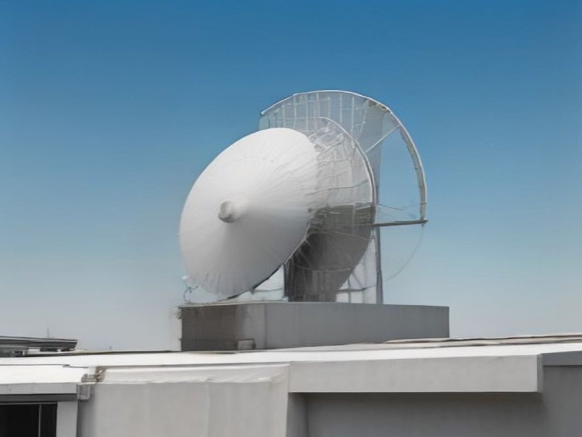 A satellite dish on a rooftop against a clear sky