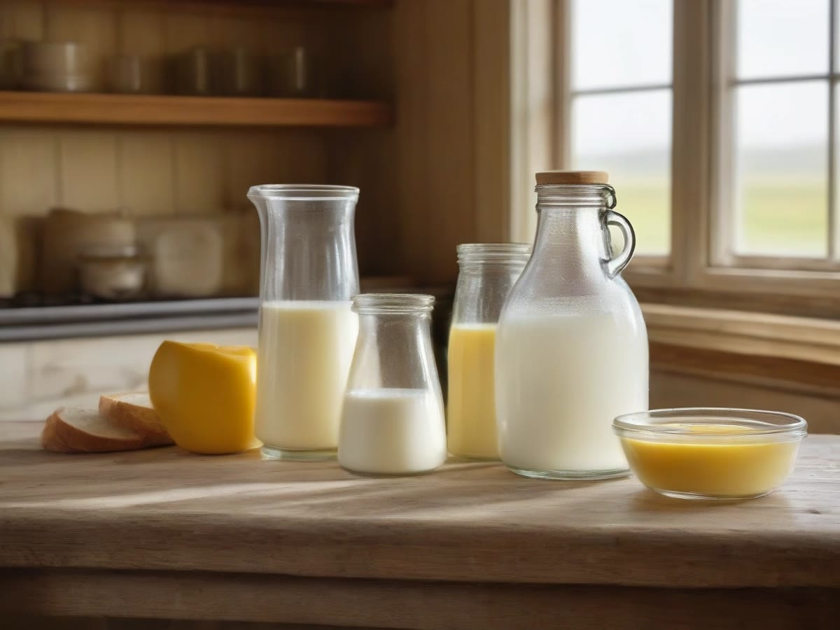 Milk, cheese, and butter on a wooden table