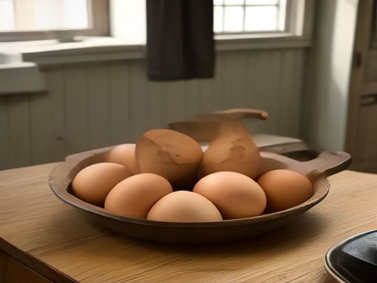 Eggs in a bowl beside a skillet on a wooden table