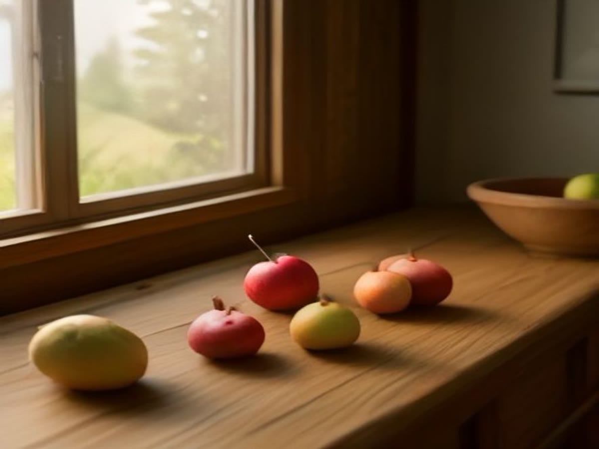 A wooden bowl of apples, pears, and berries