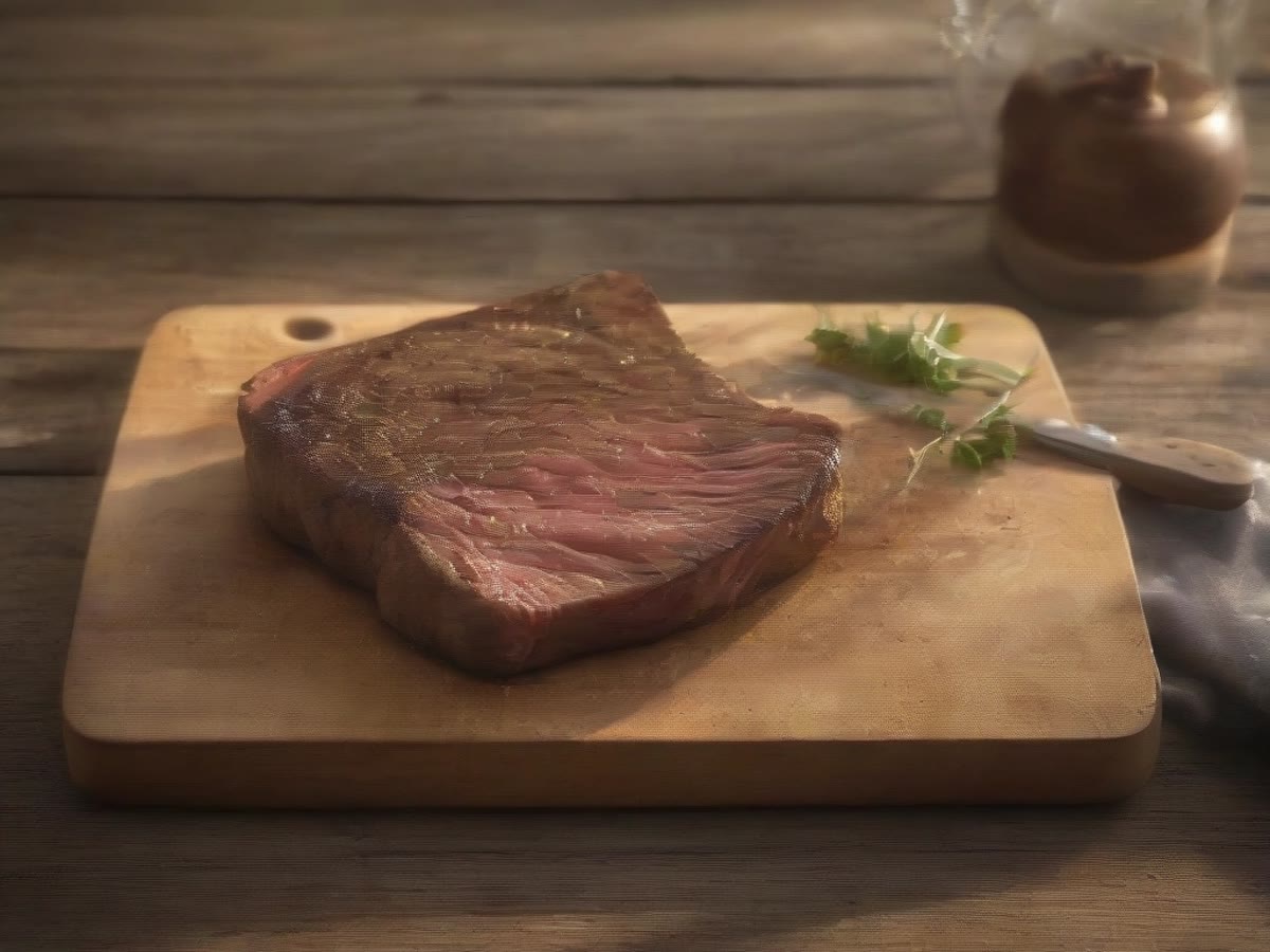 A seared steak on a wooden board