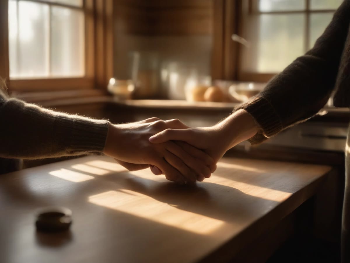 Two people holding hands across a wooden table
